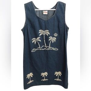 Magic Boho Women’s Denim Shift Sleeveless Dress Palm Tree Graphics Size Medium ?